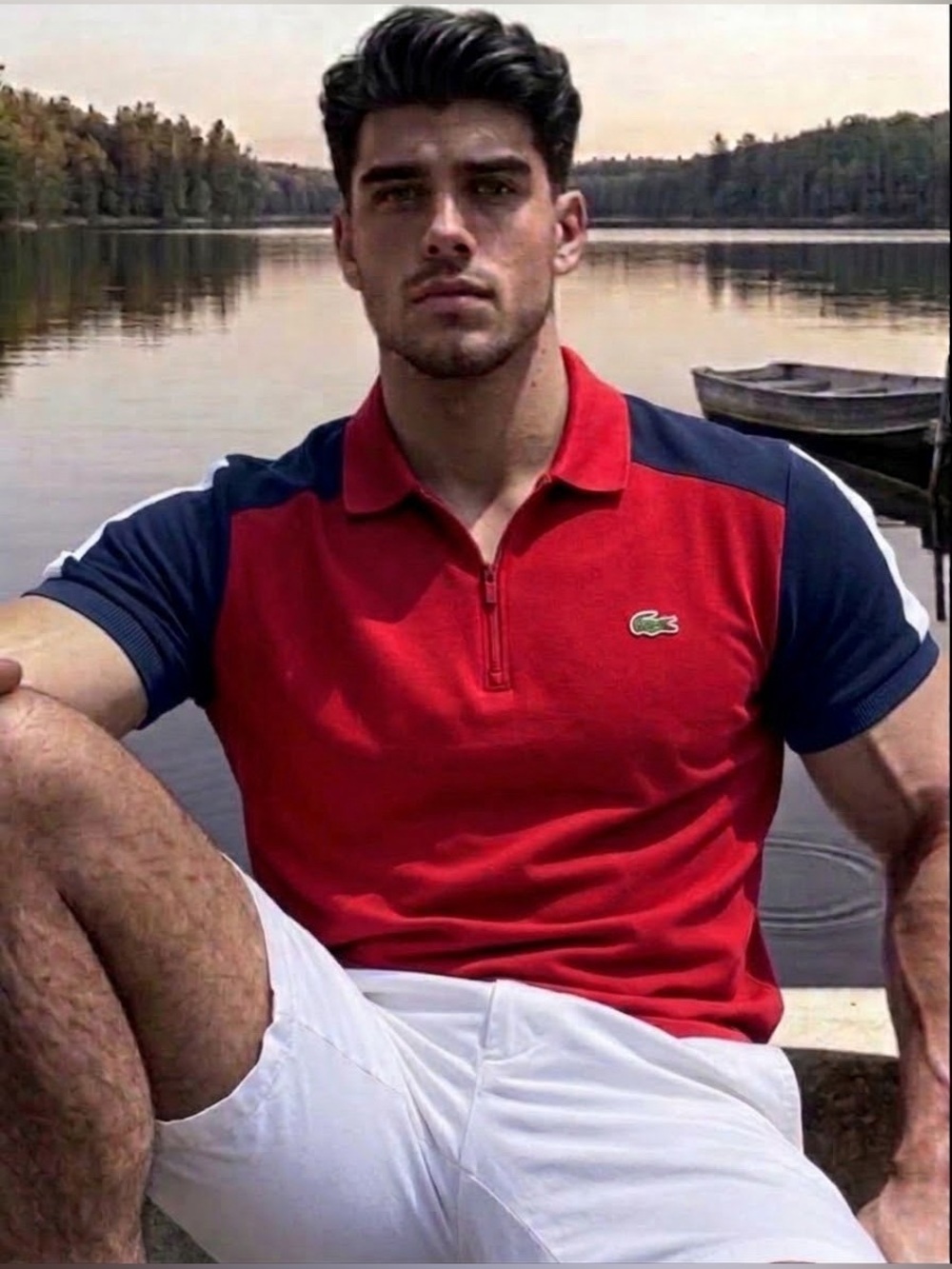Lacoste Red Polo with Navy Contrast Shoulders